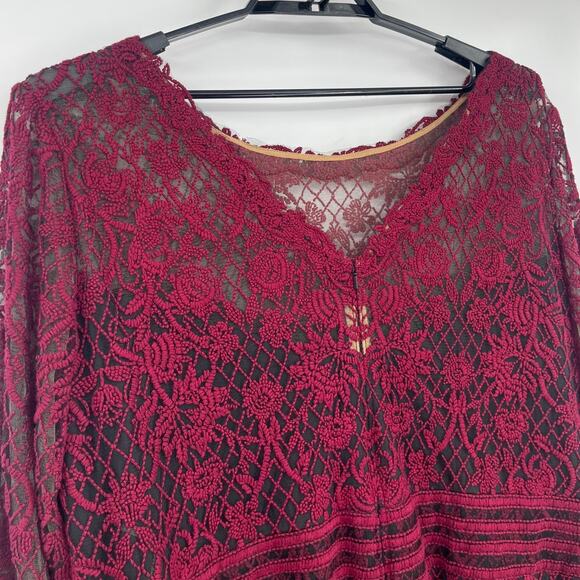 Tadasho Shoji Too Crochet Mesh Dress 24Q Whimsigoth Burgundy Romantic Glam Lace - Picture 8 of 12